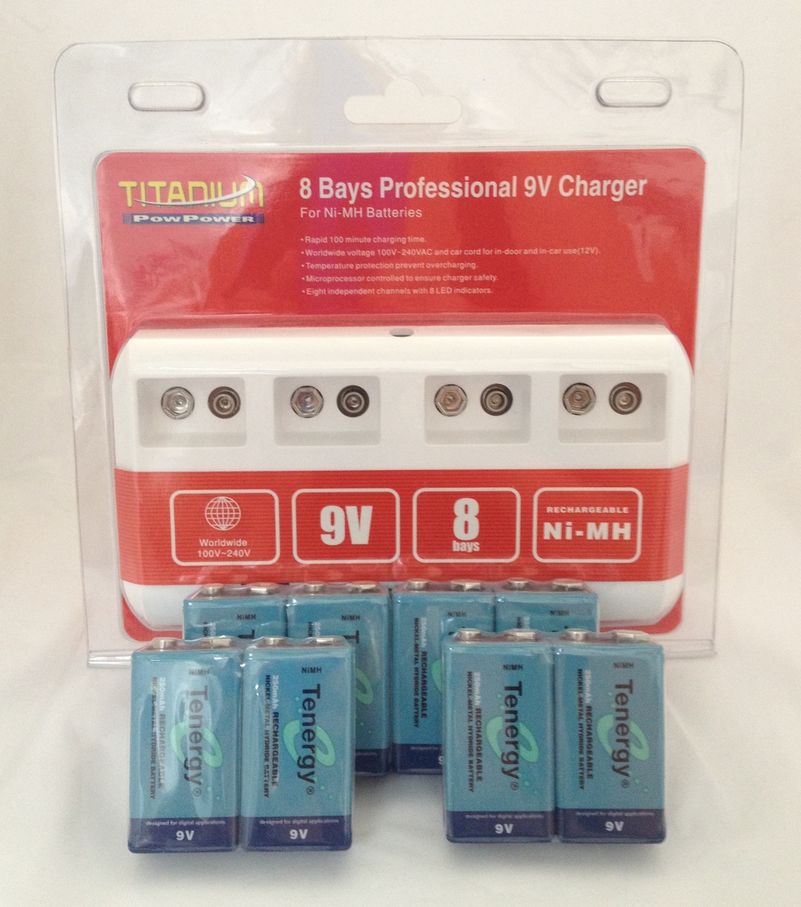 Titanium 8 Bay Professional 9V Charger For NiMH Batteries With 8 Tenergy 9V 250mah NiMB Batteries + FREE SHIPPING!