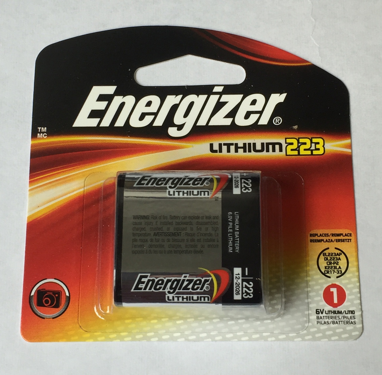 Energizer 223 6V  Lithium Photo Battery CRP2 CR17-33 - 1 Pack + FREE SHIPPING